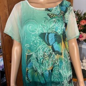 ONE WORLD Teal and Aqua Butterfly Print Sheer blouse